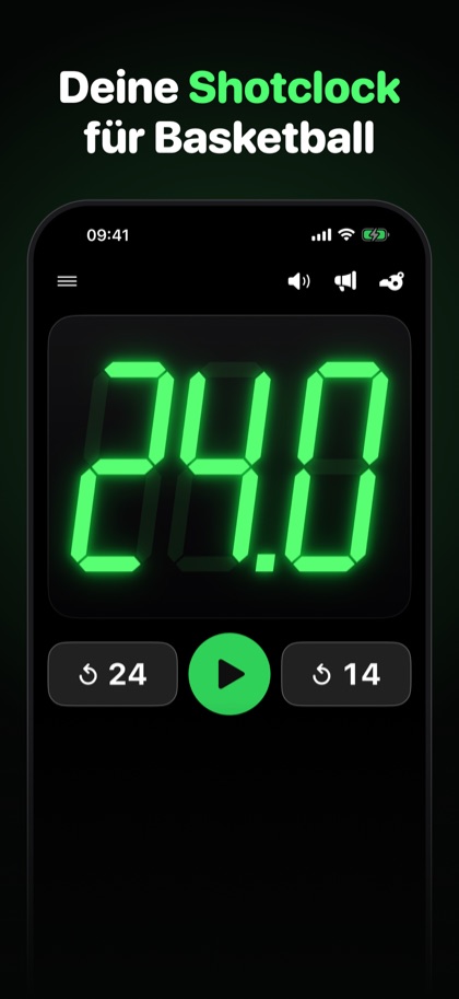 Shotclock 24 Pro: große grüne LED-Anzeige 24,0 mit Start-Taste und Reset-Tasten 24 und 14