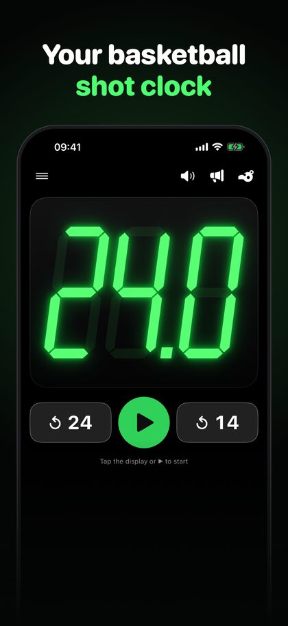 Shotclock 24 Pro: big green LED display 24.0 with the start button and the reset buttons 24 and 14